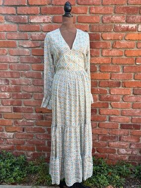 Geo Print Buttoned Back Poly Silk Maxi Dress NWT